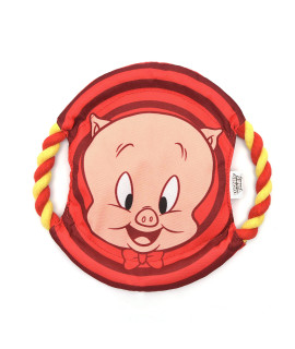LOONEY TUNES for Pets Red Porky Pig Dog Frisbee with Rope | Red Stripes Frisbee for Dogs, Includes Yellow and Grey Rope | Lightweight Fabric Dog Toy for All Dogs