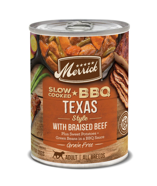 Merrick Wet Dog Food Slow-Cooked BBQ Texas Style with Braised Beef Grain Free Dog Food, Canned Dog Food - (12) 12.7 oz. Cans
