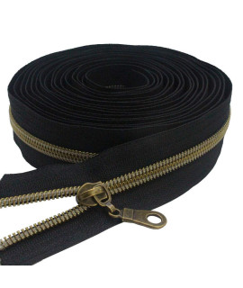 MebuZip 5 Antique Brass Metallic Nylon coil Zippers by The Yard Bulk coil Zipper Roll 10 Yards with 25pcs Pulls for DIY Sewing craft Bags (Black)