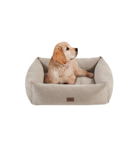 MARTHA STEWART Charlie Modern Dog Lounge Sofa, Soft Pet Beds Cushioned, Machine Washable Removable Cover, Comfortable Bolsters, Plush Egg Crate Foam Filling for Small Kitten, Puppy, Cat, Medium Tan