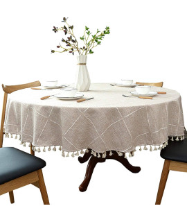 Heavy Weight cotton Linen Tablecloth, Plaid Tassel Round Table cover for Kitchen Dining Room Tabletop Decorations, Round - 78, Beige