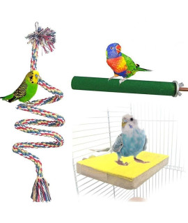 3 PCS Bird Perch Toy Set, Parrot Stand Platform, Bird Rope Swing Climbing Toy, Parrot Paw Grinding Perch Stick Cage Accessories for Parakeet Lovebird Cockatiel Finch Conure Exercise Training Toys