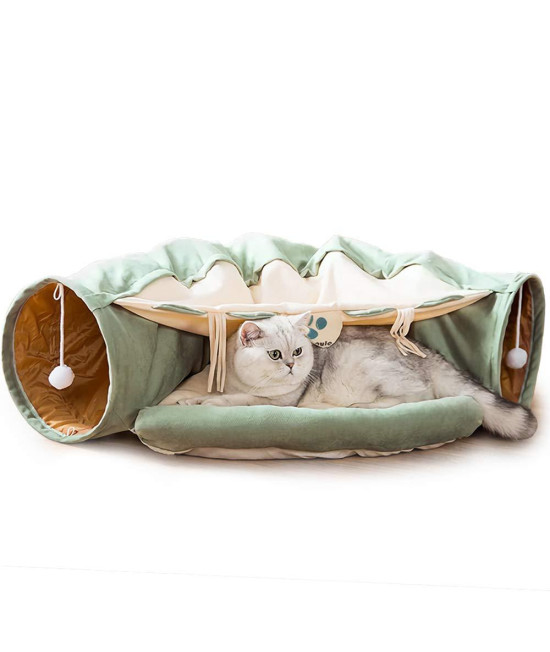 DREAMSOULE Cat Tunnel Bed, 2-in-1 Cat Play Tunnel and Mat for Pets Cats Dogs Rabbits Kittens for Home Foldable Soft Cat Tunnel Tubes Toys Pet Play Bed Indoor (green)