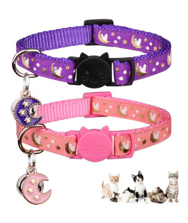2PCS Breakaway Cats Collars with Bell Moons Stars Adjustable Kitten Collars with Pendant Glow in The Dark (Purple+Pink)