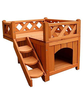 Wooden Dog House Cat House 2 Layers Pet House Puppy House with Stairs and Balcony Bed for Indoor Outdoor Use