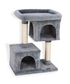PAWBEE 33" Cat Tree House - 2 Condos & 2 Sisal Scratching Posts - Cat Scratching Post Tower With Ex-Large Plush Perch - Cat Play Tower With Sturdy Base & Anti-Tip Strap - Large & Small Cats