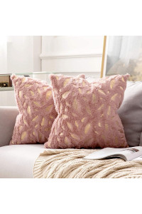 Miulee Pack Of 2 Decorative Throw Pillow Covers Plush Faux Fur With Gold Feathers Gilding Leaves Cushion Covers Cases Soft Fuzzy Cute Pillowcase For Couch Sofa Bed, 20 X 20 Inch, Heather Pink