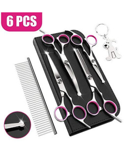6CR Stainless Steel Dog Grooming Scissors Kit with Safety Round Tip, Heavy Duty Titanium Pet Grooming Trimmer Kit - Thinning, Straight, Curved Shears and Comb for Long Short Hair for Cat Pet