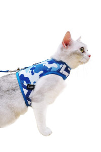 Yizhi Miaow Cat Harness And Leash For Walking Escape Proof, Adjustable Cat Vest Harness, Padded Stylish Cat Walking Jackets, Blue Camo, Large