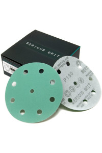 Serious grit - 5-Inch 9-Hole 150 grit Sanding Discs - Heavy-Duty Hook Loop Velcro-Backed Film Discs - Sandpaper for Random Orbital Sanders - 50 Pack Box