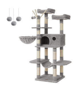 FEANDREA Cat Tree, Large Cat Tower, 64.6 Inches, Cat Activity Center with Hammock, Basket, Removable Fur Ball Sticks, Cat Condo, Light Gray UPCT087W01