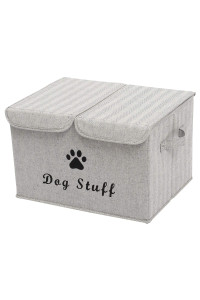 Geyecete Large Storage Boxes - Large Linen Fabric Foldable Storage Cubes Bin Box Containers With Lid And Handles For Dog Apparel Accessories, Dog Toys, (Striped Gray)