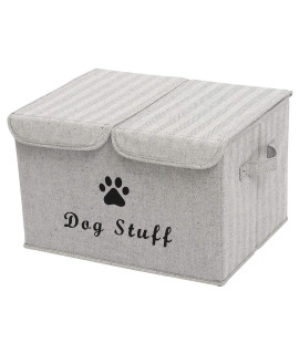 Geyecete Large Storage Boxes - Large Linen Fabric Foldable Storage Cubes Bin Box Containers With Lid And Handles For Dog Apparel Accessories, Dog Toys, (Striped Gray)