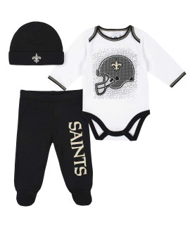 NFL New Orlean Saints 3 Pack Bodysuit Footed Pant and cap Registry gift Set, BlackWhite New Orlean Saints, 0-3M