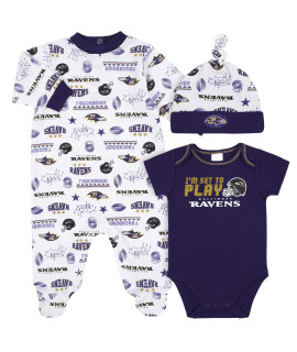 NFL Baltimore Ravens 3 Pack Bodysuit Sleep n Play Footie cap Registry gift Set, BlueWhite Baltimore Ravens, 0-3M
