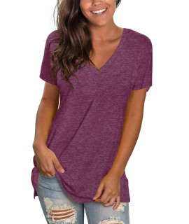 Spring T Shirts For Women V Neck Solid Color Tee Cute Short Sleeve Tops Fuchsia M