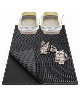Waretary Cat Litter Mat 36x 30, Kitty Pretty Litter Box Trapping Mat, Extra Large XL Honeycomb Double Scatter Control Layer Mat, Urine & Waterproof, Washable, Easy Clean, Phthalate Free (Black)(1 Side Connected)