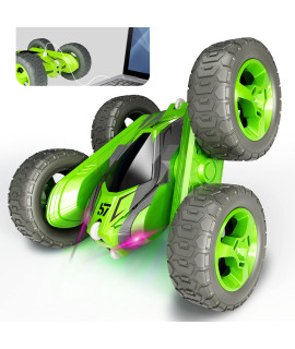 Tecnock Remote control car for Kids,360 A Rotating Double Sided Flip Rc Stunt car,24ghz 4WD Toy car with Rechargeable Battery for 45 Min Play,great gifts for Boys and girls(green)