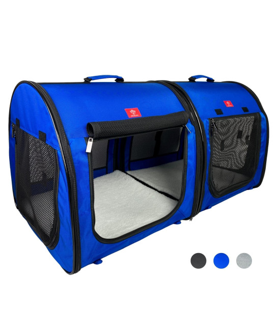One for Pets Portable 2-in-1 Double Pet Kennel/Shelter, Fabric, Royal Blue, 20x20x39 - Car Seat-Belt Fixture Included