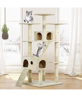 R/E 73 inch cat Tree cat Tower Game House sisal Scratching Column Double Plush Apartment Theater, with Bed Nest Perch Platform Dangling Toys Cats Activity Centre for Kittens, Beige