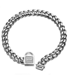 Aiyidi Heavy Pet Dog Collar, Stainless Steel Metal Slip Choker Collar, with Personality Rhinestone Lock, 19MM Silver Cuban Link Chain,12-26inch, Water-Proof, Chew-Proof, for Medium & Large Dogs(12'')