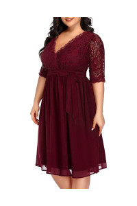 Pinup Fashion Plus Size cocktail Dresses Women Burgundy Red Lace Top chiffon Wedding guest Semi-Formal Maroon Evening Party Wrap Dress