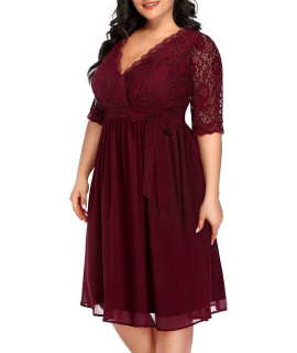 Pinup Fashion Plus Size cocktail Dresses Women Burgundy Red Lace Top chiffon Wedding guest Semi-Formal Maroon Evening Party Wrap Dress
