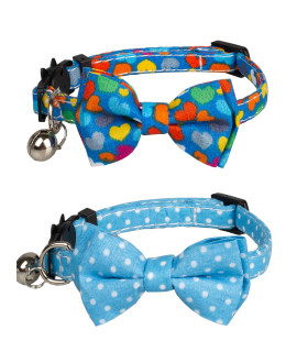 Gyapet Collar For Cats Pets Breakaway With Bell Bowtie Floral Bow Detachable Adjustable Safety Puppy 2Pcs Blue Heart Dot