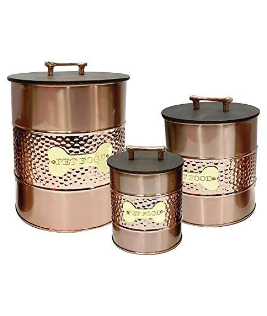 nu steel metal hammered copper 3 Pc set Jumbo Pet Canister with sturdy bone plaque, Dog Food Treat Storage Container Jar with wooden Lid with bone handle, Tight Fitting Lids for Dog Biscuit Cookies