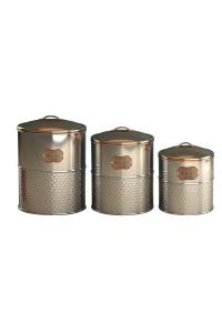 nu steel metal"TREATS" Hammered Stainless Steel 3 Pc set Jumbo Pet Canister with copper lid, Dog Food Treat Storage Container Jar with Lid, Tight Fitting Lids for Dog Biscuit Cookies