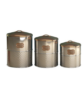 nu steel metal"TREATS" Hammered Stainless Steel 3 Pc set Jumbo Pet Canister with copper lid, Dog Food Treat Storage Container Jar with Lid, Tight Fitting Lids for Dog Biscuit Cookies