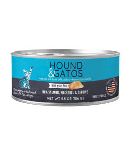 Hound & Gatos Wet Cat Food, 98% Salmon, Mackerel & Sardine, case of 24, 5.5 oz cans