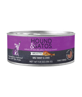 Hound & Gatos Wet Cat Food, 98% Turkey & Liver, case of 24, 5.5 oz cans