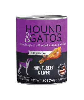Hound & Gatos Wet Dog Food, 98% Turkey & Liver, case of 12, 13 oz cans