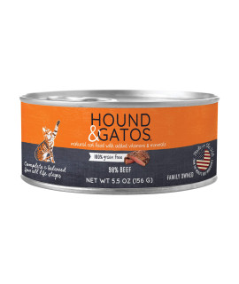 Hound & Gatos Wet Cat Food, 98% Beef, case of 24, 5.5 oz cans