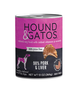Hound & Gatos Wet Dog Food, 98% Pork & Liver, case of 12, 13 oz cans