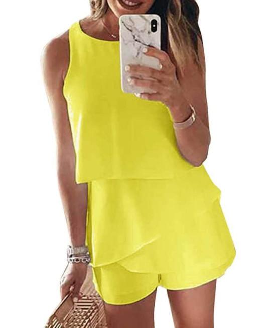 Dokotoo Womens Juniors Fashion 2023 Elegant Summer Cute Sexy Off The Shoulder Halter Neck Ruffle Chiffon Sleeveless One Piece Short Rompers For Women Jumpsuits Yellow M