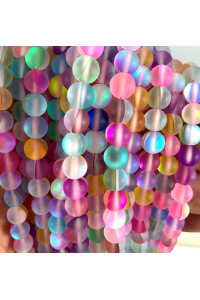 Beadalgo - Frosted Aura Crystal Mermaid Glass Beads 6Mm, 8Mm, 10Mm, 12Mm - 15 Inch Strand (Rainbow, 8 Mm)