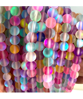 Beadalgo - Frosted Aura Crystal Mermaid Glass Beads 6Mm, 8Mm, 10Mm, 12Mm - 15 Inch Strand (Rainbow, 8 Mm)