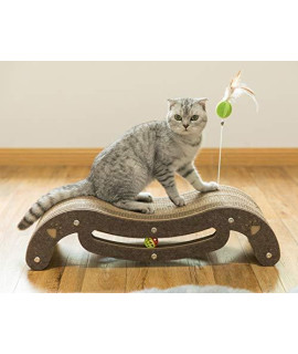 Corrugated Cardboard Cat Scratcher Lounge with Feather Hanging and Interactive Ball Toy