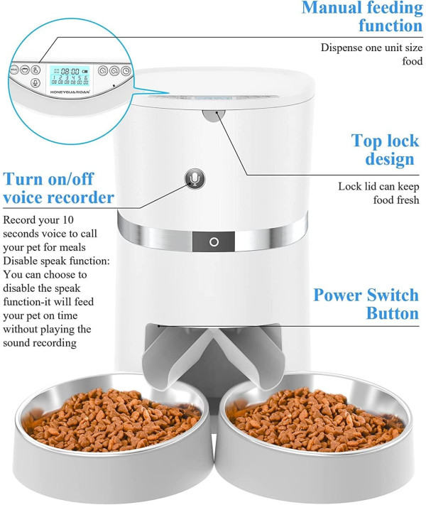 Automatic Cat Feeder Stainless Steel Two-Way Splitter and Double Bowls Pet Feeders Food Dispenser Voice Recorder, Battery and Plug-In Power by U.S.