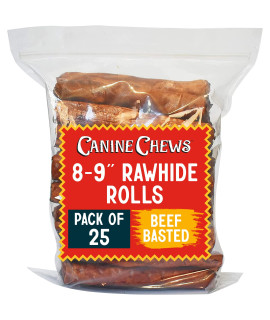 canine chews 8-9 Beef Basted Thick Rawhide Retriever Rolls - Pack of 25 Beef-Flavored Long-Lasting Dog Rawhide chews - Protein-Dense Jumbo Rawhide Bones For Large Dogs - Treats for Aggressive chewers