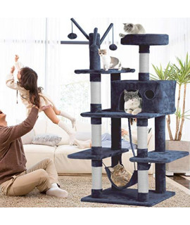 Cat Tree Cat Tower and Condo 56 Inches Multi-Level Activity Center Play House with Scratching Post Hammock Large Perches Furniture for Kitten, Kitty, Cat - Grey