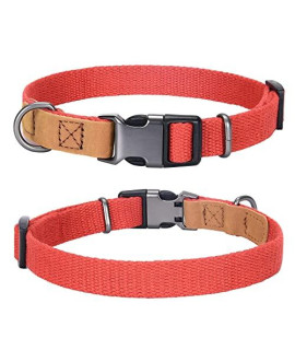 Mile High Life Premium Dog collar Soft Poly cotton Dog collars w Heavy Metal Buckle, genuine Leather Tips Leather Dog collars for Medium Dogs (Red)