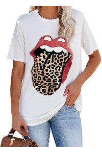 Womens Red Lips Leopard Tongue T-Shirt Casual Cute Graphic Teen O Neck Short Sleeve Girls Tee Tops
