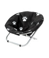 Etna Folding Pet Cot Chair - Portable Round Fold Out Elevated Cat Bed - Black and White Water Resistant Paw Print Cushion - Papasan Chair for Small Dogs