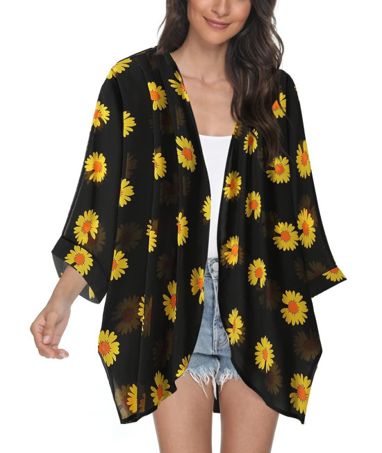 Tribear Womens Sheer Chiffon Kimono Cardigan Solid Casual Capes Beach Cover Up (Medium, Sunflower)