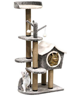 Penn-Plax Cat Life Furniture: Deluxe Activity Tree with Top Lounge, Cozy Cottage, Hanging Plushie Toys, and Sisal Scratching Posts - Gray & Creamy White