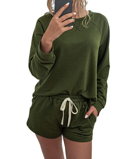 PRETTYgARDEN WomenAs Pajamas Set Long Sleeve Tops with Shorts Lounge Set casual Two-Piece Sleepwear (Solid green, Small)