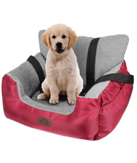 FAREYY Dog Car Seat for Small Dogs, Pet Booster Seat Small Under 25 lbs, Travel Dog Car Bed with Storage Pocket and Clip-On Safety Leash, Washable Warm Plush Dog Car Safety Seats